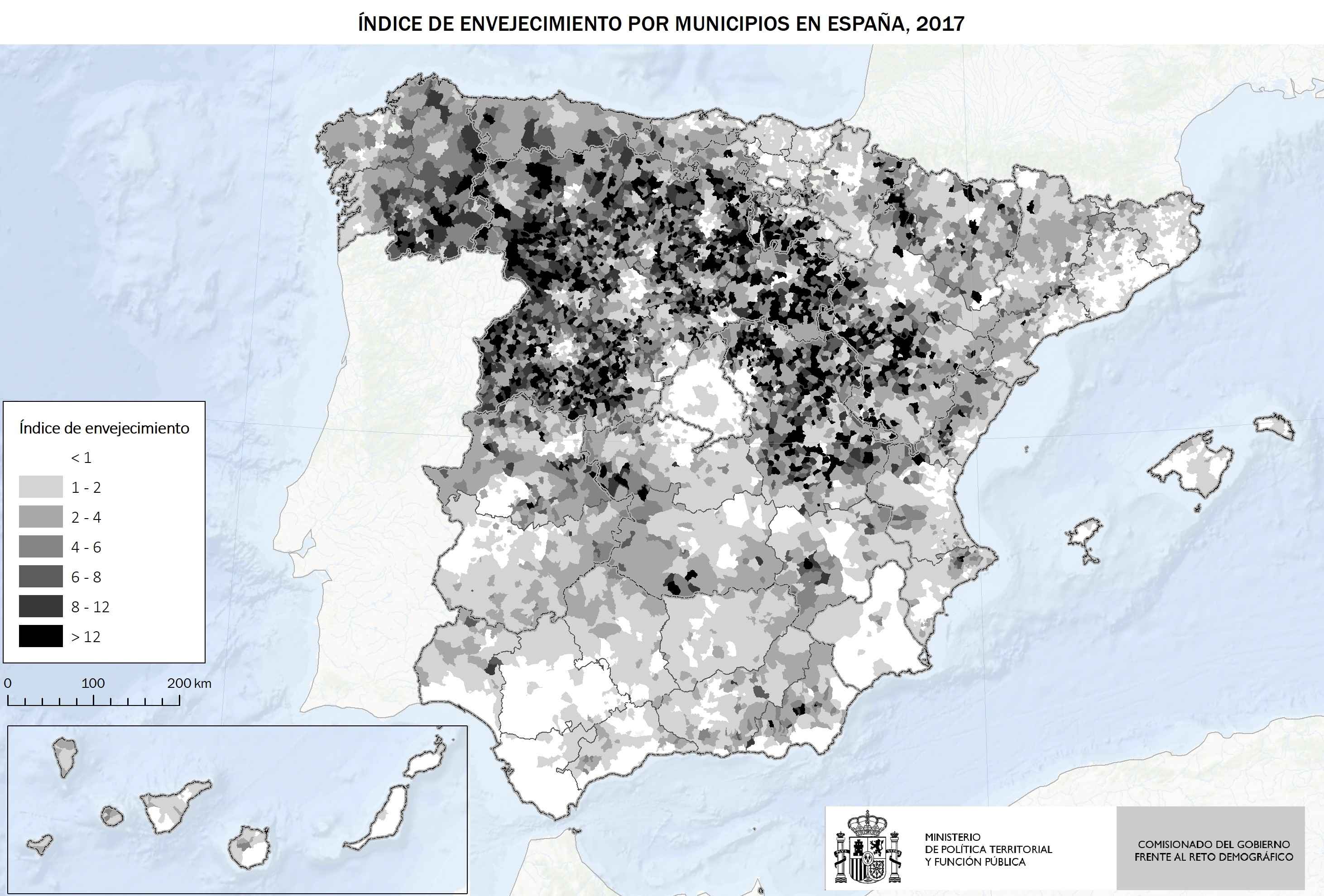 Índice de envejecimiento de municipios en España 2017
