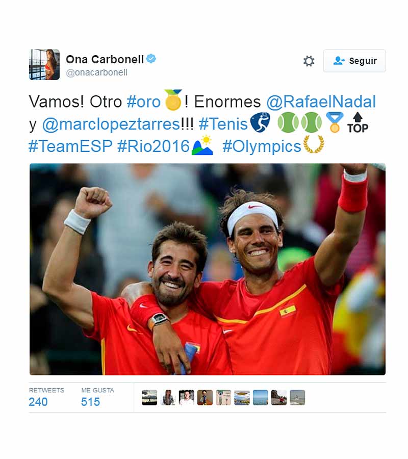 Tuit de felicitación de Ona Carbonell a Nadal y Marc López