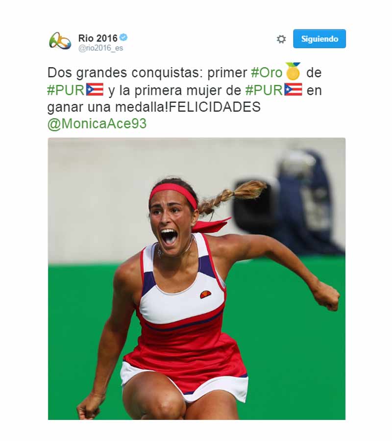 La tenista de Puerto Rico, Mónica Puig, felicitada por la organización de Río 2016
