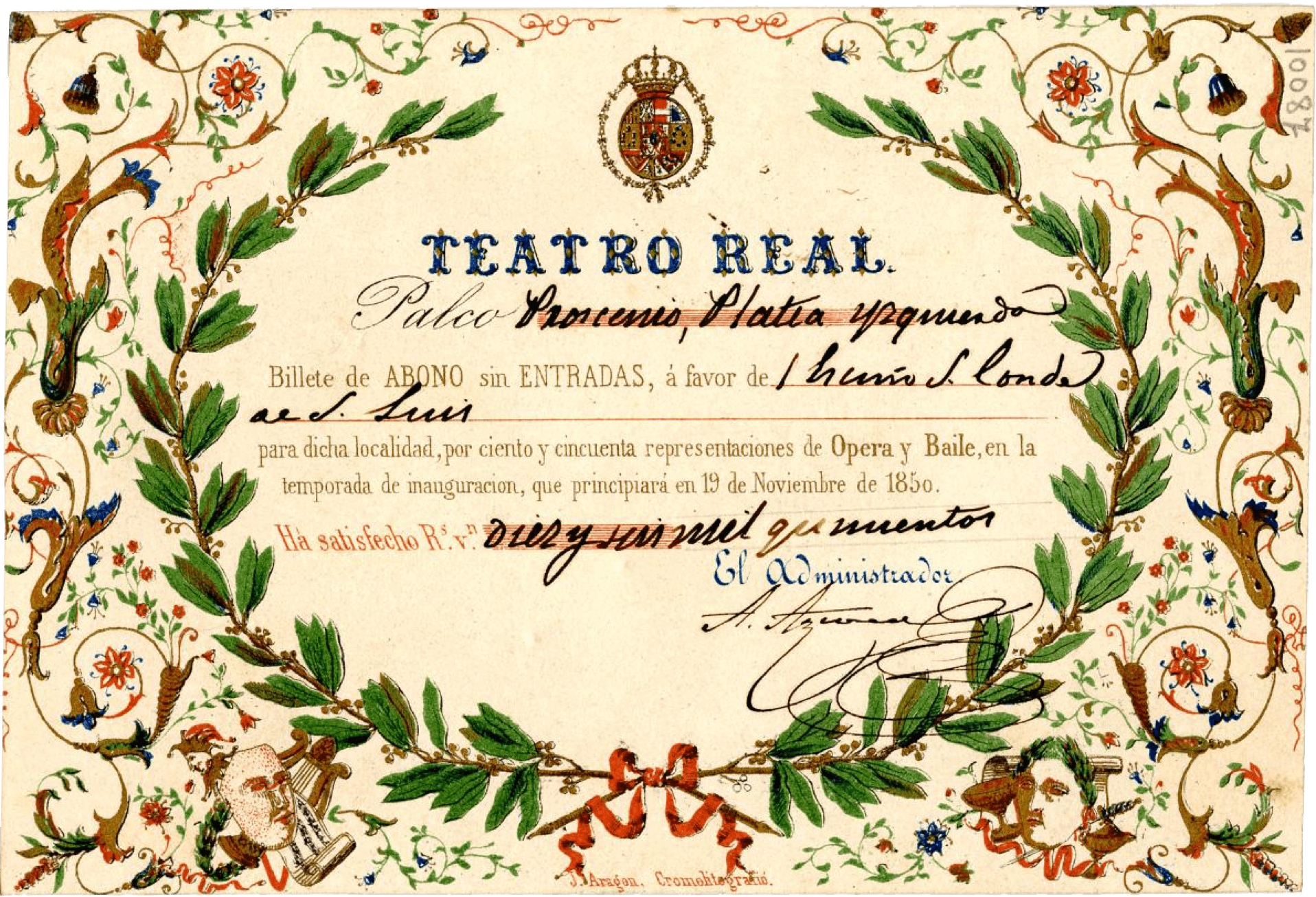 Abono del Teatro Real. Temporada 1850-1851. MAE. Institut  del Teatre