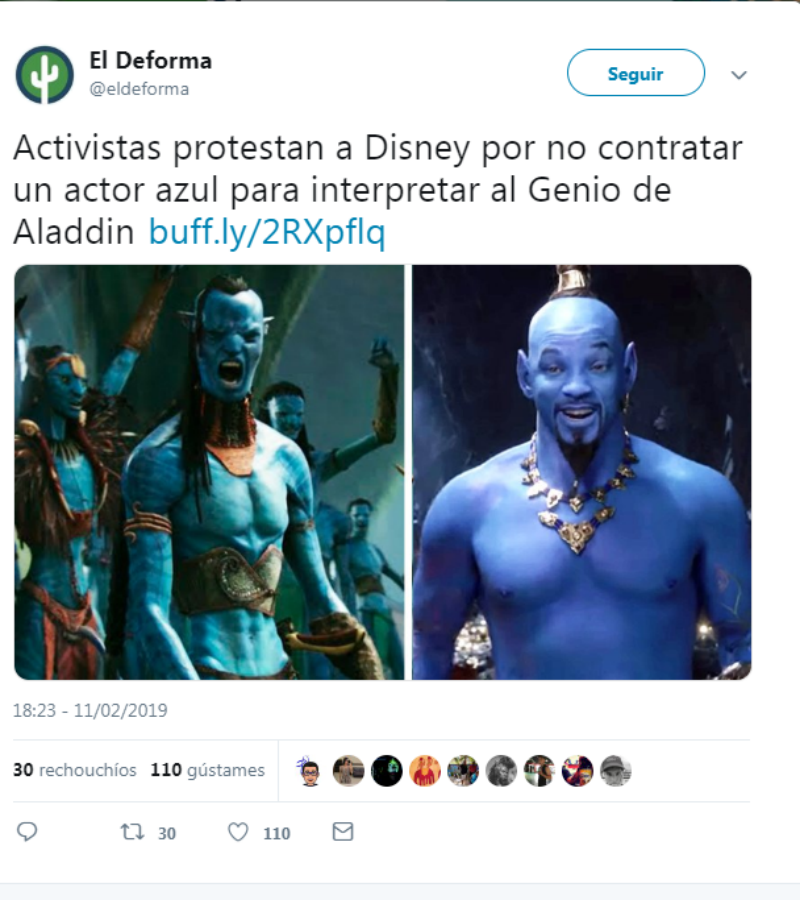 Imagen de 'Avatar' en un lado y El Genio en el otro bajo el texto "Activistas protestan a Disney por no contratar un actor azul para interpretar al Genio de 'Aladdin'".