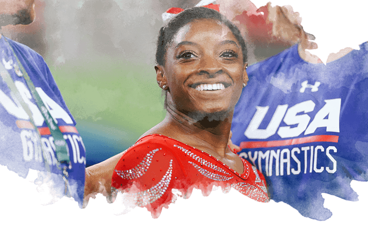 Simone Biles posa sonriente acompañada del equipo de gimnasia artística de Estados Unidos