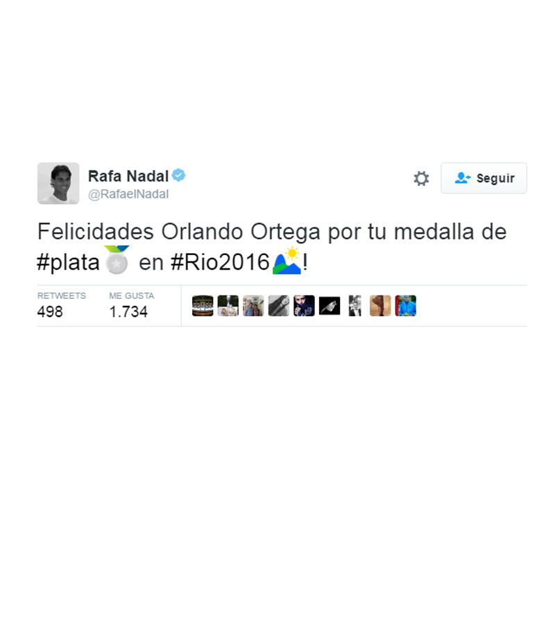 Tuit de Rafa Nadal felicitando a Orlando Ortega