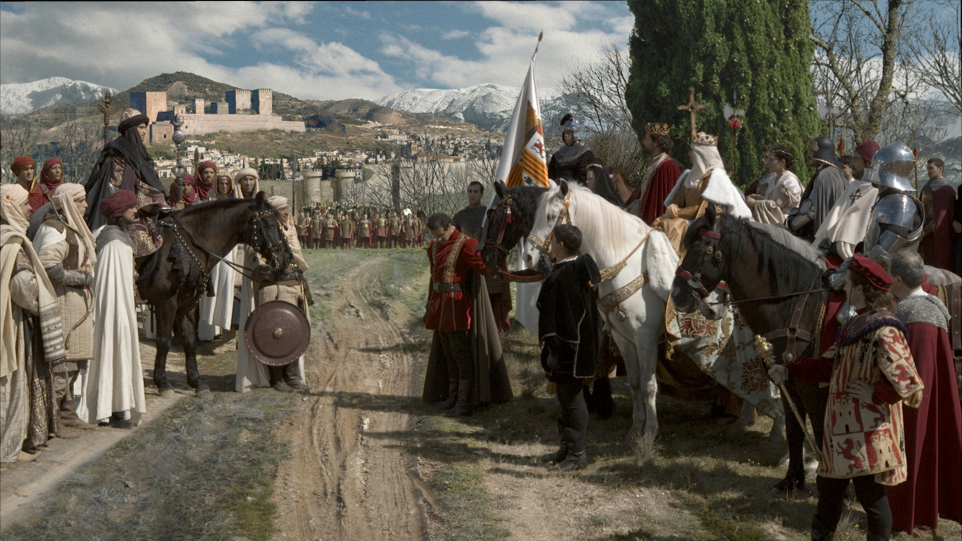 Recreación del cuadro de la rendición de Granada en la serie Isable