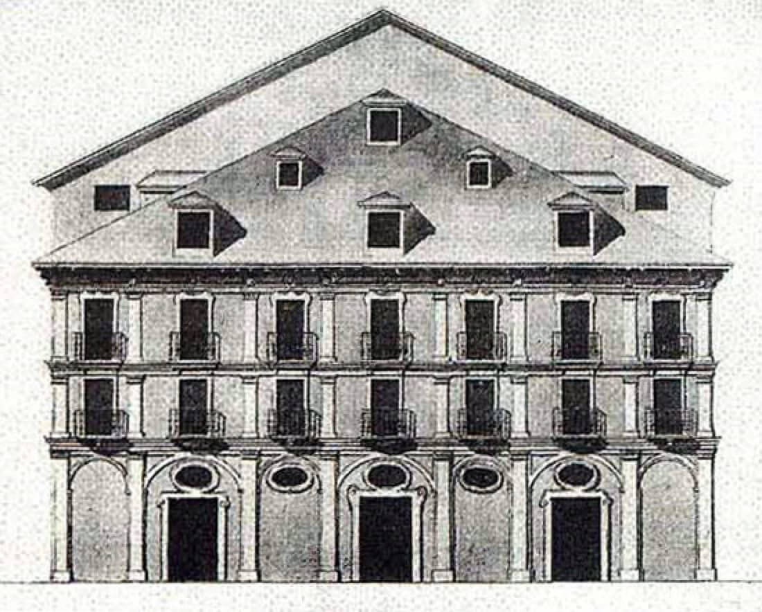 Drawing by architect Francisco Sánchez. Façade of the Coliseo de los Caños del Peral in 1788. Madrid.