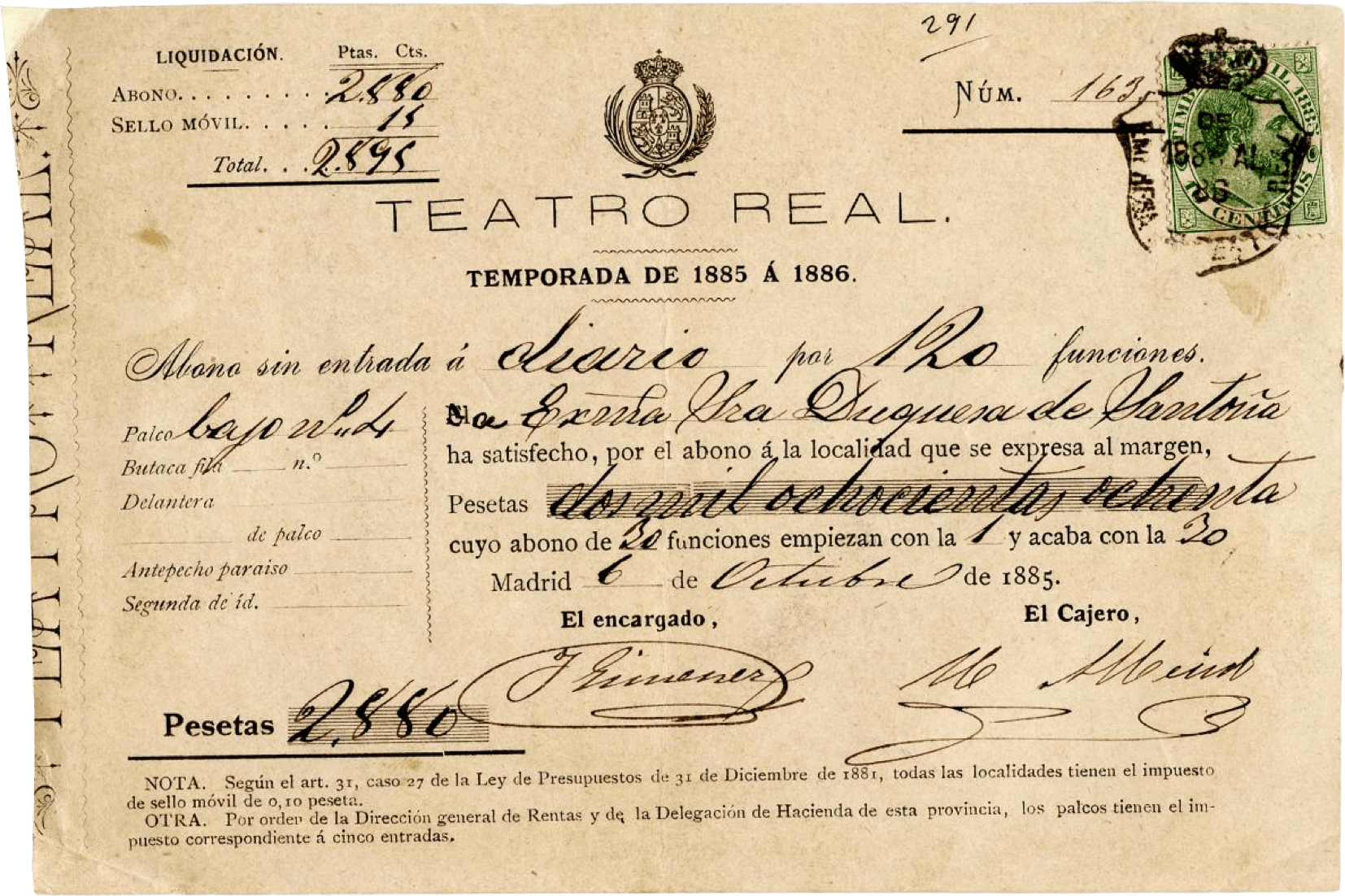 Receipt of a season ticket for the Teatro Real. Season 1885/86. Photo: MAE Institut del Teatre